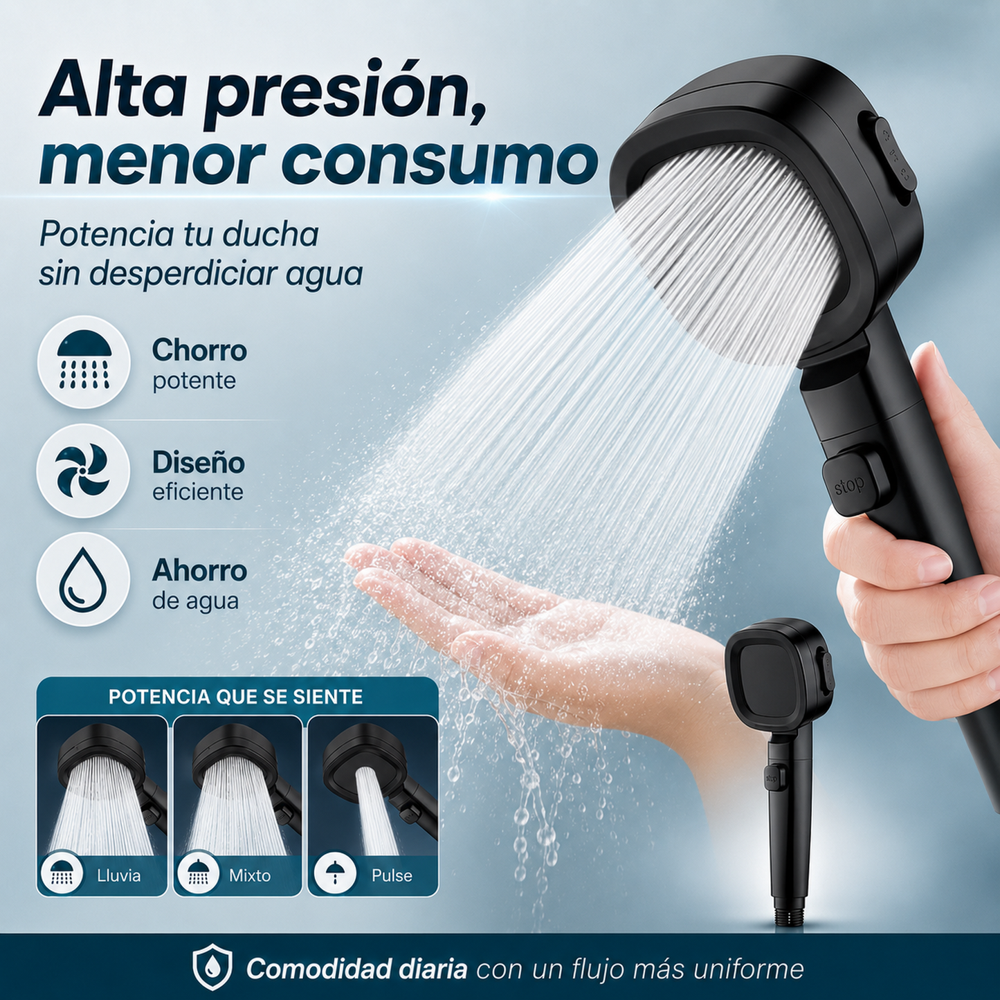 Cabezal de ducha potente con filtro y ahorro de agua.