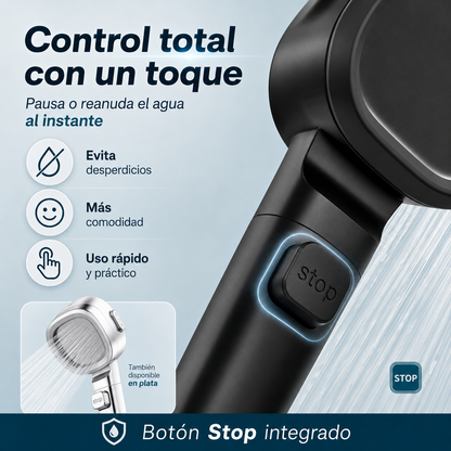 Cabezal de ducha potente con filtro y ahorro de agua.