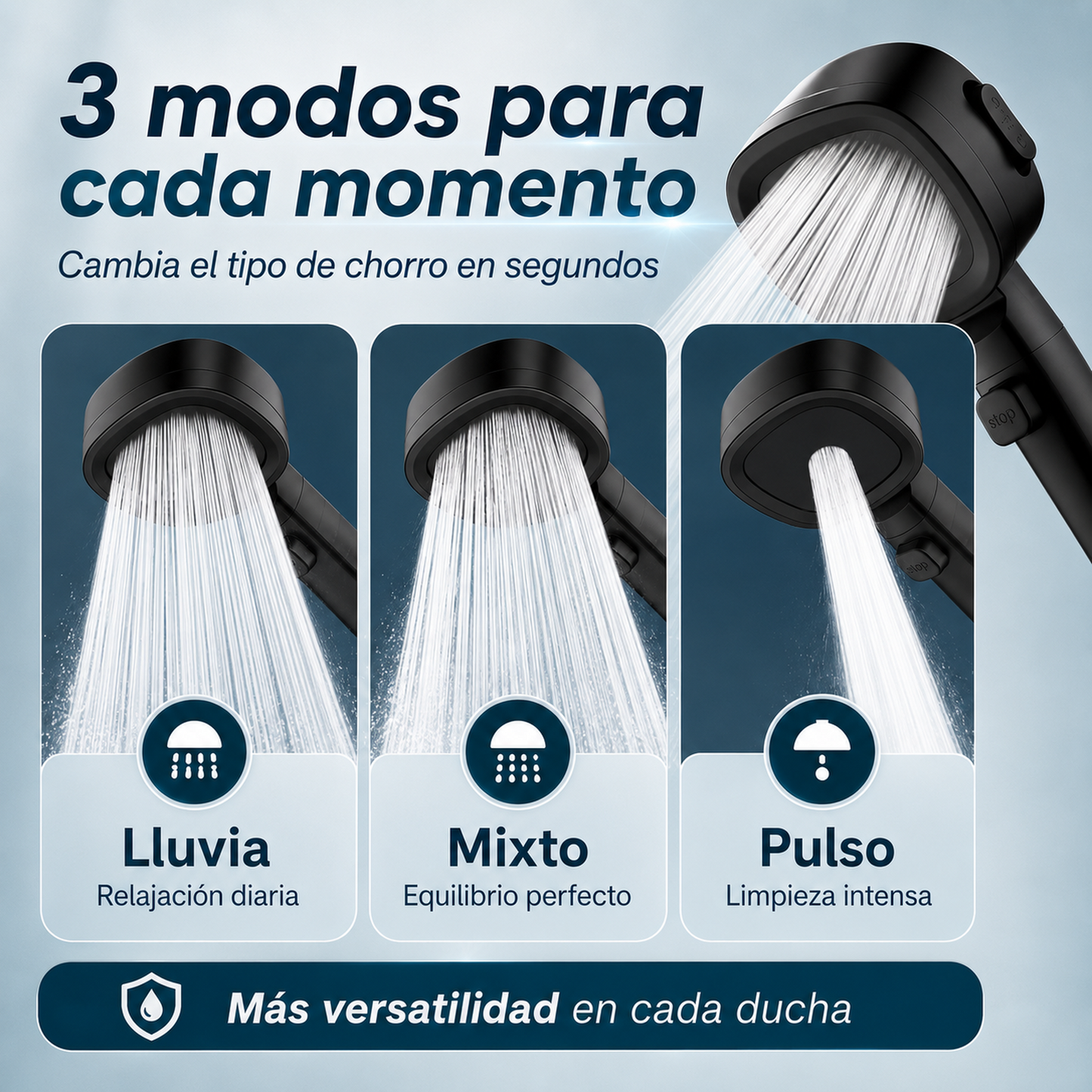 Cabezal de ducha potente con filtro y ahorro de agua.