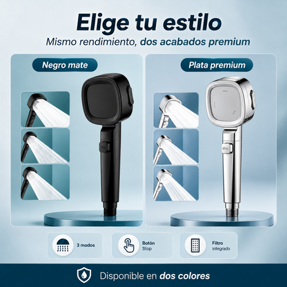 Cabezal de ducha potente con filtro y ahorro de agua.